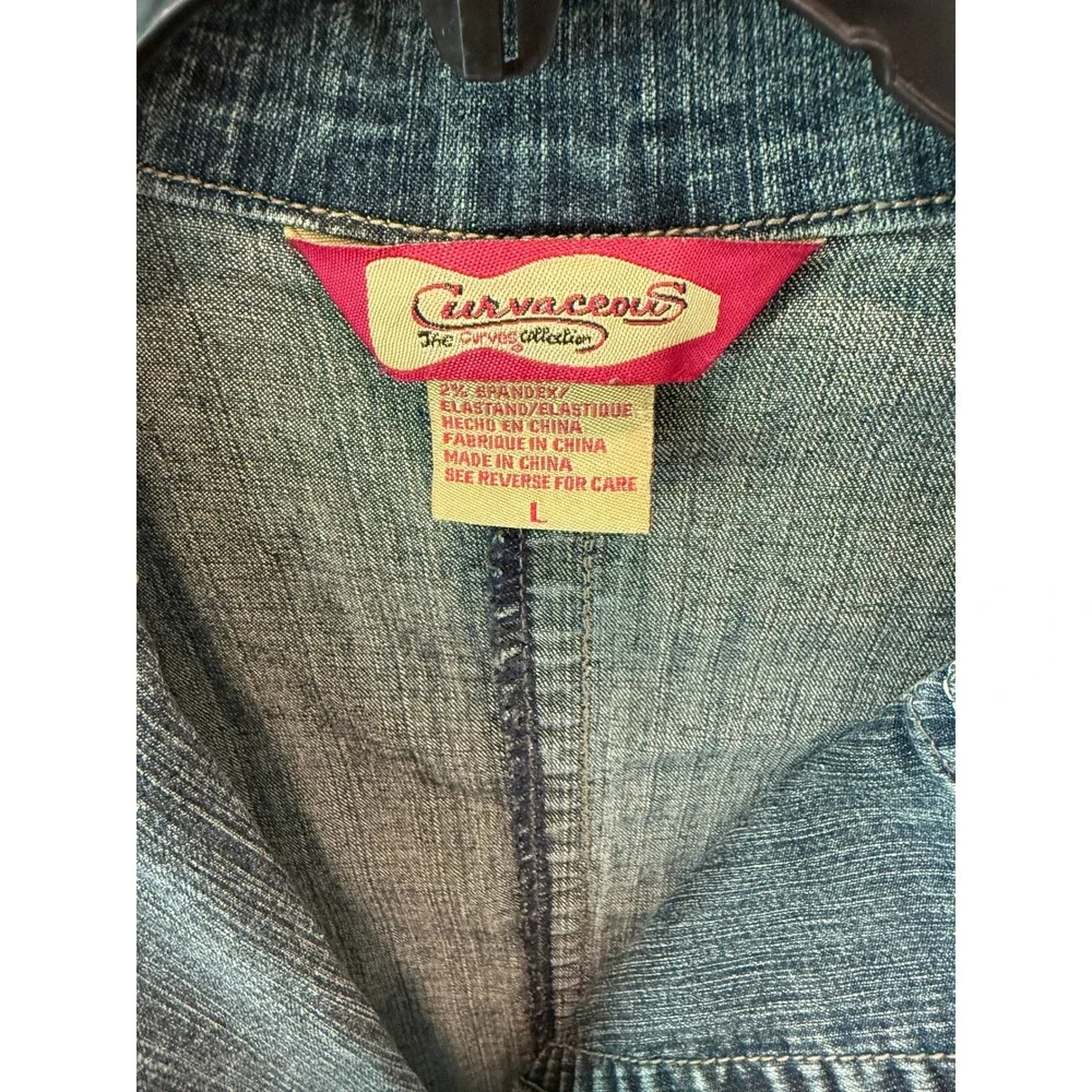 Y2K Vintage Curvaceous Denim Jean Jacket Belted Button Down Blue‎ Womens Size L